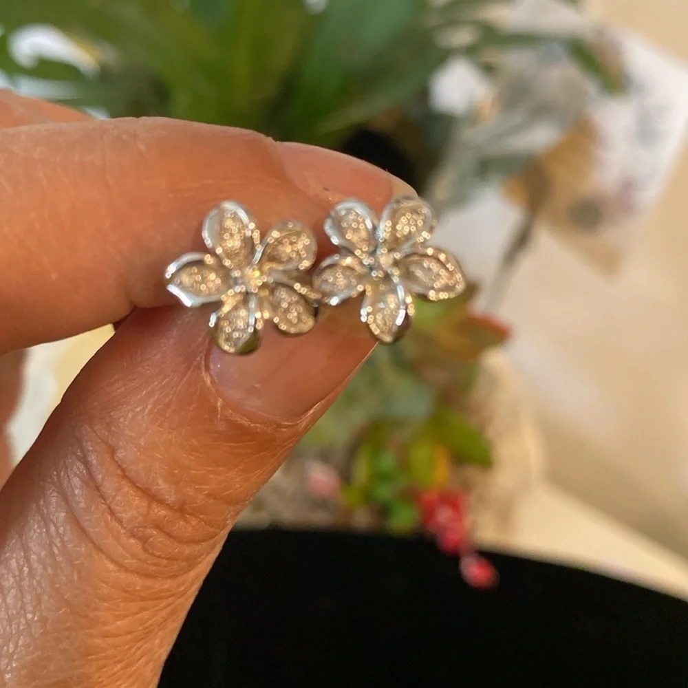 Silver Hibiscus Earrings with Crystals marked 925